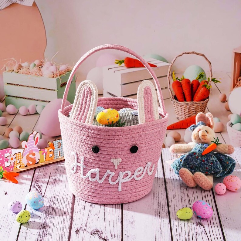Personalized Easter Basket, Custom Egg Hunt Bucket, Bunny Cotton Rope Baskets Kids Boys Girls image 8