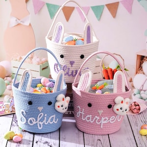 Personalized Easter Basket, Bunny Baskets Baby Name Basket, Boy Girls Egg Hunt Bucket Gifts image 2