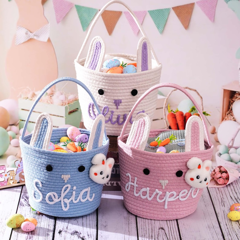 Personalized Easter Basket, Bunny Baskets Baby Name Basket, Boy Girls Egg Hunt Bucket Gifts image 2