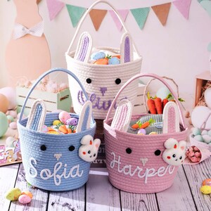 Personalized Easter Basket, Custom Egg Hunt Bucket, Bunny Cotton Rope Baskets Kids Boys Girls image 2
