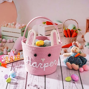 Personalized Easter Basket, Bunny Baskets Baby Name Basket, Boy Girls Egg Hunt Bucket Gifts image 8