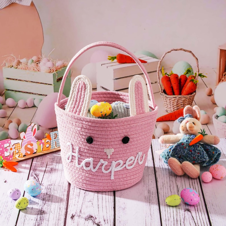 Personalized Easter Basket, Bunny Baskets Baby Name Basket, Boy Girls Egg Hunt Bucket Gifts image 8