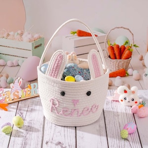 Personalized Easter Basket, Bunny Baskets Baby Name Basket, Boy Girls Egg Hunt Bucket Gifts image 6