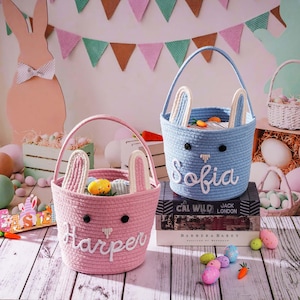 Personalized Easter Basket, Custom Egg Hunt Bucket, Bunny Cotton Rope Baskets Kids Boys Girls image 9