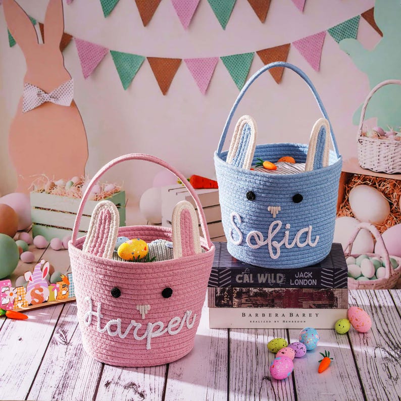 Personalized Easter Basket, Custom Egg Hunt Bucket, Bunny Cotton Rope Baskets Kids Boys Girls image 9