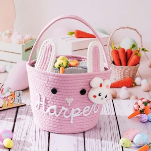 Personalized Easter Basket, Custom Egg Hunt Bucket, Bunny Cotton Rope Baskets Kids Boys Girls image 13