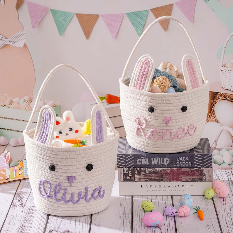 Personalized Easter Basket, Bunny Baskets Baby Name Basket, Boy Girls Egg Hunt Bucket Gifts image 11