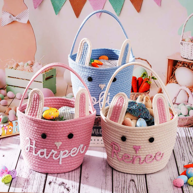 Personalized Easter Basket, Bunny Baskets Baby Name Basket, Boy Girls Egg Hunt Bucket Gifts image 9