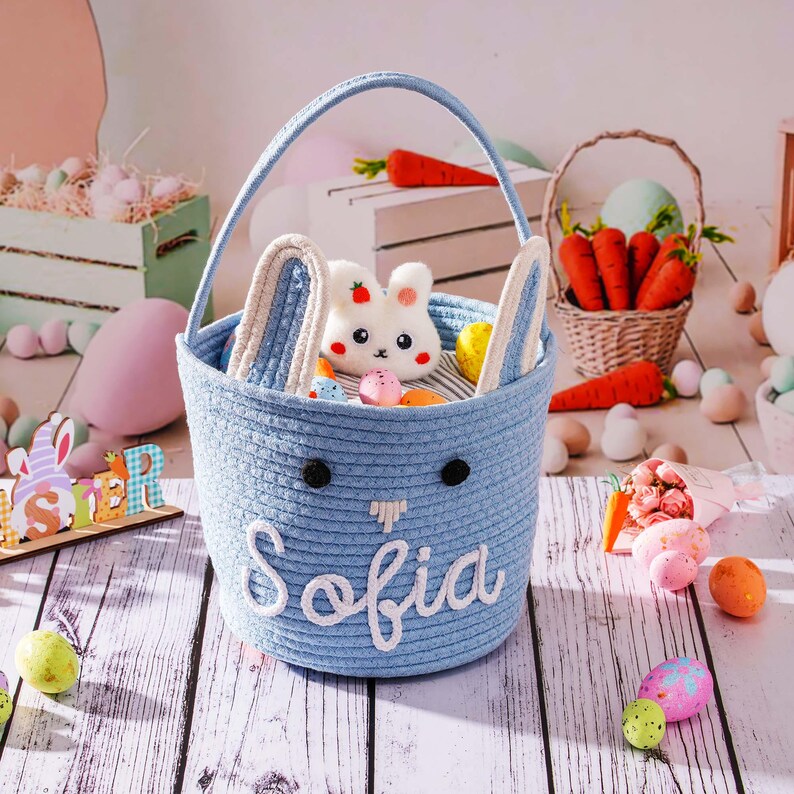Personalized Easter Basket, Custom Egg Hunt Bucket, Bunny Cotton Rope Baskets Kids Boys Girls image 12