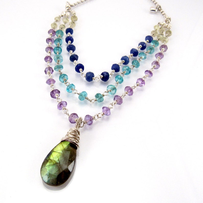 Labradorite pendant on a triple strand semi precious gemstone sterling silver necklace