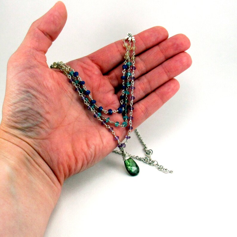 Labradorite pendant on a triple strand semi precious gemstone sterling silver necklace