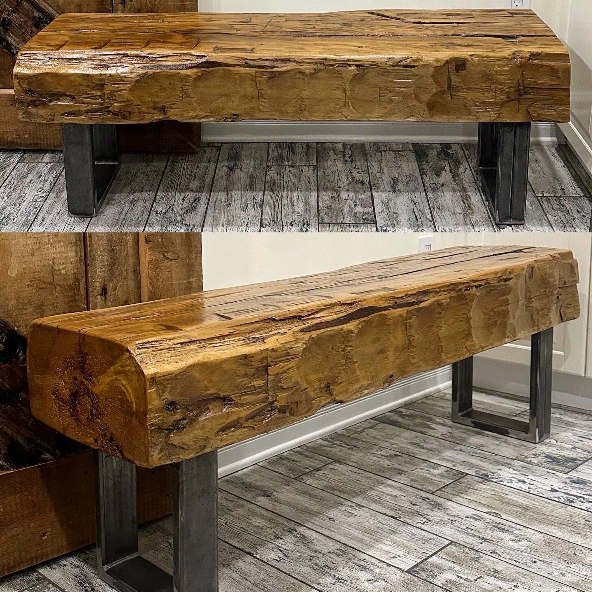 4 1/2 Long Rustic Reclaimed Hand Hewn Wood Beam Entryway Bench / Table