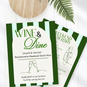 Wine & Dine Bachelorette Party Invitation and Itinerary Template, Cute Vintage Green Stripes Classic Bach Weekend Events and Invite Card