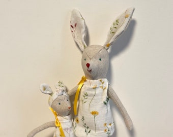 Mother and daughter doll, handmade doll, soft toy, gift for children, fabric bunny, doudou, natural linen rabbit family,