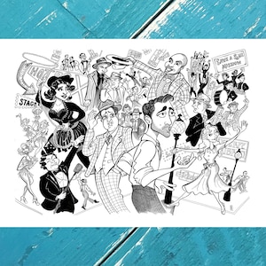 以下が含まれることがあります： 街の風景を描いた白黒のイラスト。イラストには、ドレスを着た女性、スーツを着た男性、マイクを持った男性など、さまざまなキャラクターが登場します。イラストには、街灯、カフェ・リブレの看板、セーブ・ア・ソウル・ミッションの看板も描かれています。