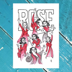Puede incluir: Una ilustración en blanco y negro de siete mujeres con vestidos rojos con la palabra "ROSE" en letras negras grandes detrás de ellas. Las mujeres sonríen todas y tienen diferentes peinados y poses.