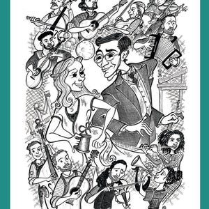 Puede incluir: Una ilustración en blanco y negro de una pareja bailando con una banda tocando música a su alrededor. La pareja está en el centro de la imagen, y la banda los rodea. La banda incluye músicos tocando una variedad de instrumentos, incluyendo una guitarra, un violín, una trompeta y una batería. La ilustración está ambientada en un fondo de una valla y un árbol.