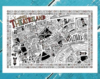 May include: A black and white illustrated map of London's Theatreland, showing the location of various theaters and landmarks. The map is titled "London's Theatreland" and includes the names of many theaters, including the National Theatre, the Royal Opera House, and the Globe Theatre.