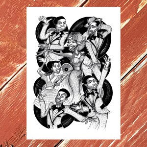 May include: Black and white illustration of six people in formal attire dancing. The people are surrounded by black and white circles that resemble vinyl records.
