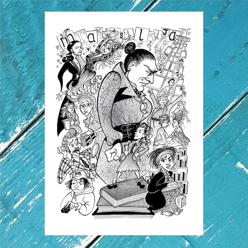 Peut inclure: Illustration en noir et blanc d'un groupe de personnes, dont une femme &agrave; l'expression s&eacute;v&egrave;re, debout devant une pile de livres. La femme porte une veste et une ceinture. Les autres personnes sont dans diverses poses, certaines tenant des livres ou d'autres objets. L'illustration est entour&eacute;e de lettres et d'autres &eacute;l&eacute;ments graphiques.