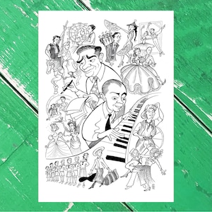 May include: A black and white line drawing of a group of people, some playing music, others dancing, and some just standing around. The drawing is in a cartoon style and includes a piano, a carousel, and a Ferris wheel.