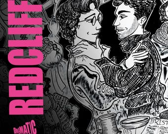 May include: A black and white ink illustration featuring two figures in historical attire facing each other, with the bright pink text REDCLIFFE vertically on the left and DRAMATIC INKING THEATRICAL ILLUSTRATIONS BY A.ROBINSON in the bottom corner.