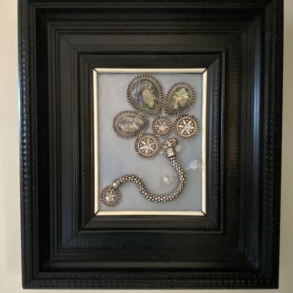 Multi-Colored Flower With Crystals Framed Art - Repurposed Vintage Jewelry Framed Art