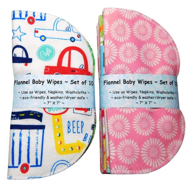 Baby Wipes, Flannel Cloth Wipes, Set of 10, Eco-friendly, Zero Waste, Reusable. Gift for new mom or baby shower, add to diaper cake