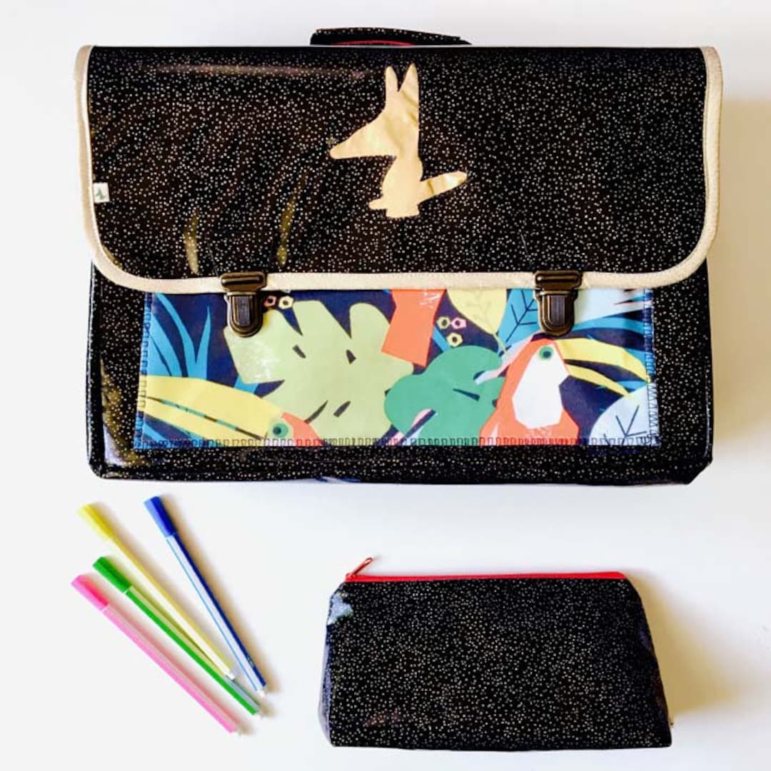 Cartable CP/primaire renforc?� et l?�ger en tissu enduit noir paillet?� dor?� motifs jungle / Bleu 
