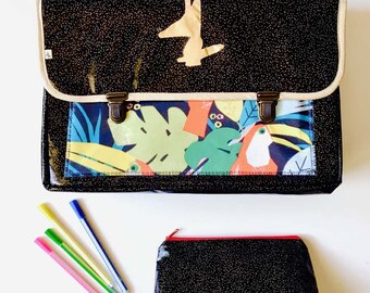 Reinforced and Light Cp primary Satchel in Black Coated Fabric With Gold Glitter Jungle Motifs Blue yellow Birds Etsy