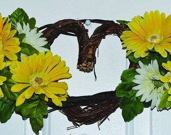 Easter Wreath Front Door Floral Decoration Valentine's gift Heart Shaped Grapevine Wreath Artificial Yellow White Gerbera Daisies All-season