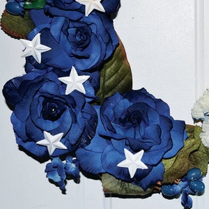 Wreath Front Door Floral Decoration Blue Roses White Carnation Artificial Patriotic Wreath Memorial Day Wreath 4th of July Wreath White Star image 2