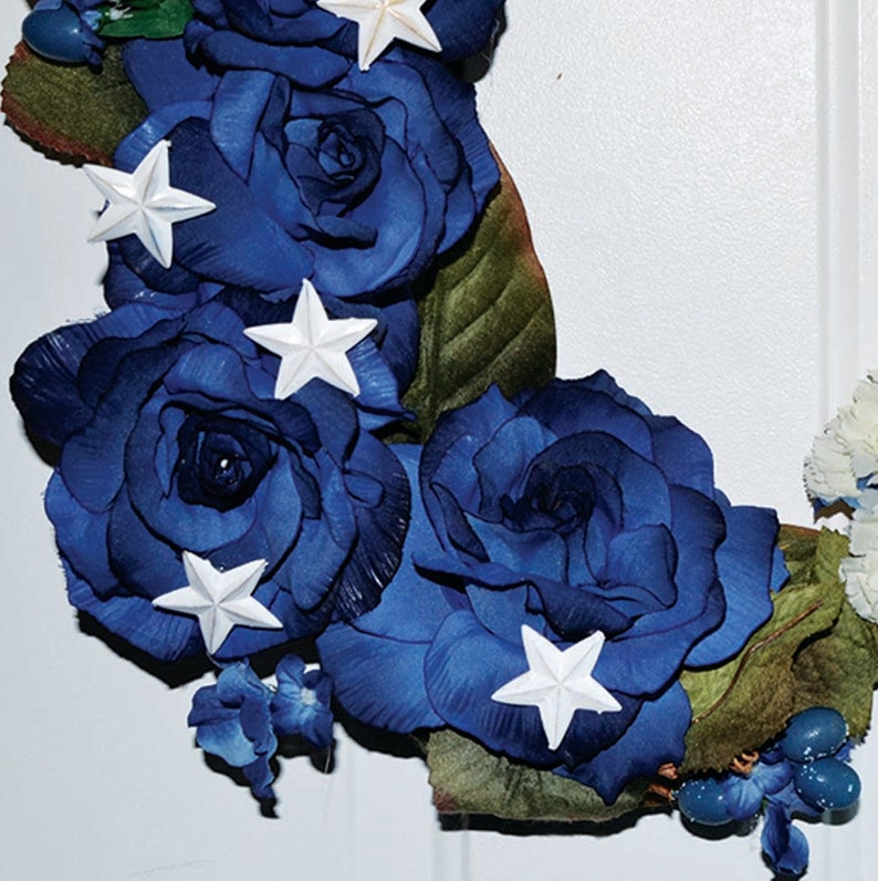 Wreath Front Door Floral Decoration Blue Roses White Carnation Artificial Patriotic Wreath Memorial Day Wreath 4th of July Wreath White Star image 2