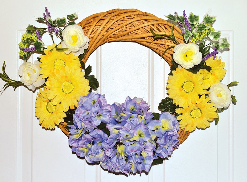 Easter Wreath Front Door Floral Decoration Artificial Purple Hydrangea Floral Wreath Valentines Gift Grapevine Wreath Yellow Gerbera Daisies