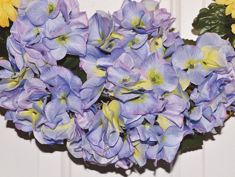 Easter Wreath Front Door Floral Decoration Artificial Purple Hydrangea Floral Wreath Valentines Gift Grapevine Wreath Yellow Gerbera Daisies
