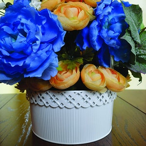 Easter Hydrangea Blue Centerpiece Arrangement Floral Artificial Spring Decoration Blue Orange Artificial Hydrangea Orange Ranunculus Vase image 3