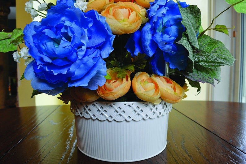 Easter Hydrangea Blue Centerpiece Arrangement Floral Artificial Spring Decoration Blue Orange Artificial Hydrangea Orange Ranunculus Vase image 3