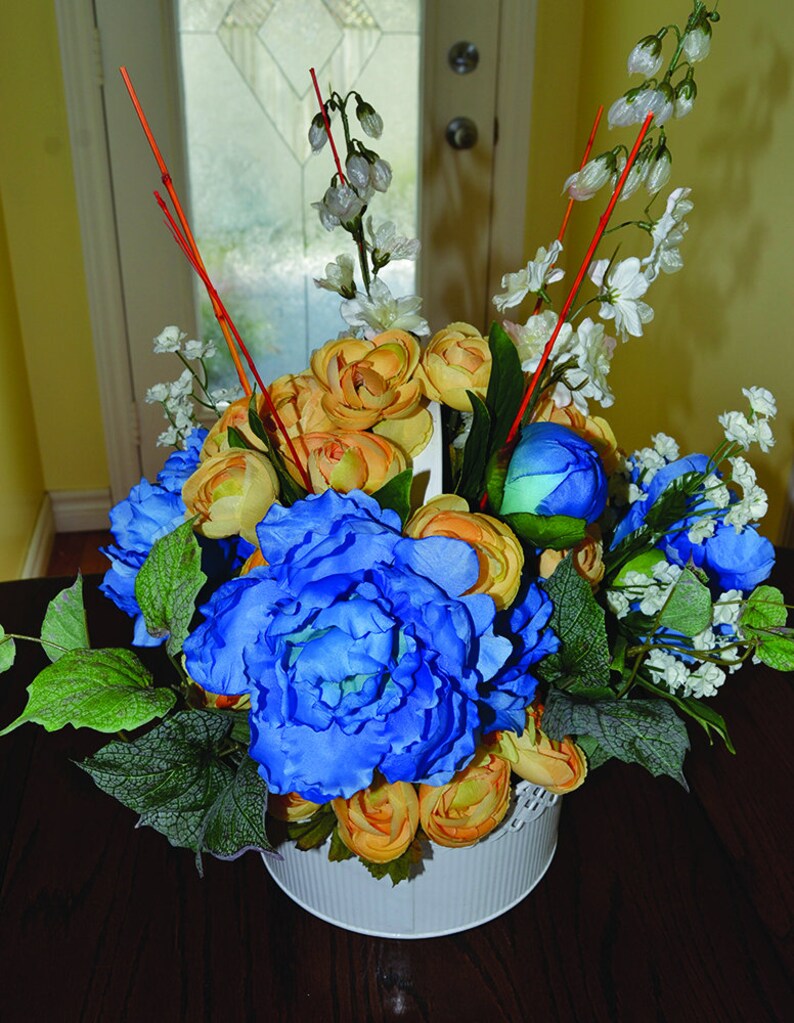 Easter Hydrangea Blue Centerpiece Arrangement Floral Artificial Spring Decoration Blue Orange Artificial Hydrangea Orange Ranunculus Vase image 5