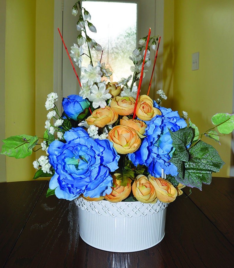 Easter Hydrangea Blue Centerpiece Arrangement Floral Artificial Spring Decoration Blue Orange Artificial Hydrangea Orange Ranunculus Vase image 1