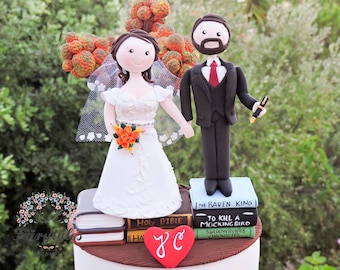 Unique Personalized Wedding Cake Topper: Rustic Autumn Tree Books Bride and Groom