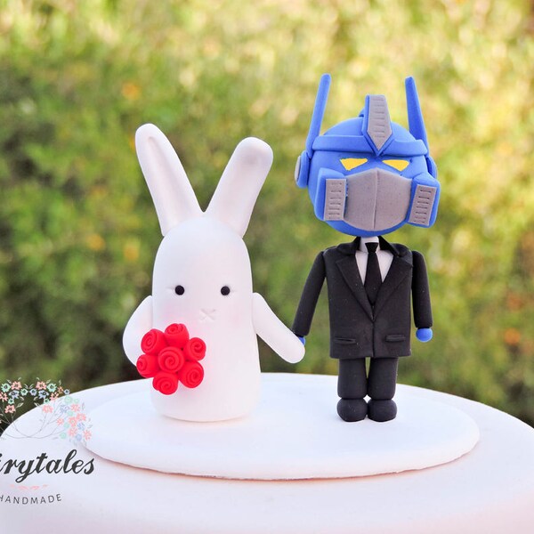 Customizable Wedding Cake Topper - Robot Groom and Bunny Bride - Cute and Funny Collectible Figurines