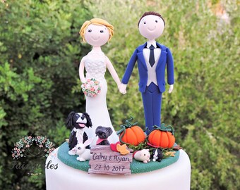 Hand-Crafted Rustic Farm Wedding Cake Topper with Personalized Bride, Groom, and Pets - Fall Autumn Topper