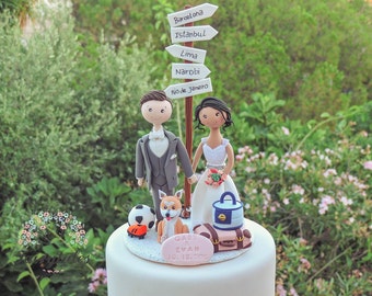 Adorable Pet-Included Wedding Cake Topper: Personalized Travel Theme with Bride and Groom Figurines