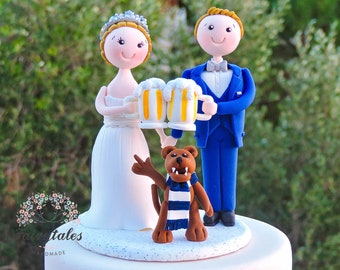 Custom Wedding Cake Topper - College Football Mascots and Beer - Personalized Figurines