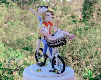 Handcrafted Personalized Bicycle Wedding Cake Topper with Bride, Groom, and Kid - Custom Cake Decoration