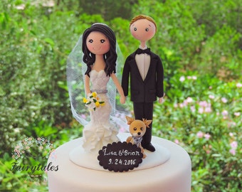 Dog and couple wedding cake topper, custom wedding cake topper, funny wedding cake topper, wedding cake topper bride and groom