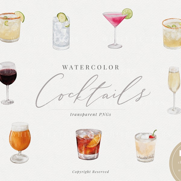 Cocktails à l'aquarelle | Images de boisson aquarelle | Clipart Negroni | Marguerite épicée | Champagne PNG | Martini Clipart | Menu du bar à l'aquarelle