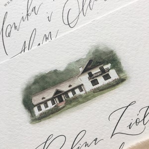 May include: A watercolor painting of a white house with a green roof and a brown door. The house is surrounded by green trees and bushes. The painting is on a white background. The text "Wraz z Rodzicami Monika i Adam" is written in black ink at the top of the image. The text "Paulina i Piotr" is written in black ink at the bottom of the image.