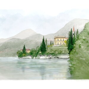 May include: A watercolor painting of a yellow building with a red roof on a hill overlooking a lake. The building is surrounded by green trees and mountains in the background.