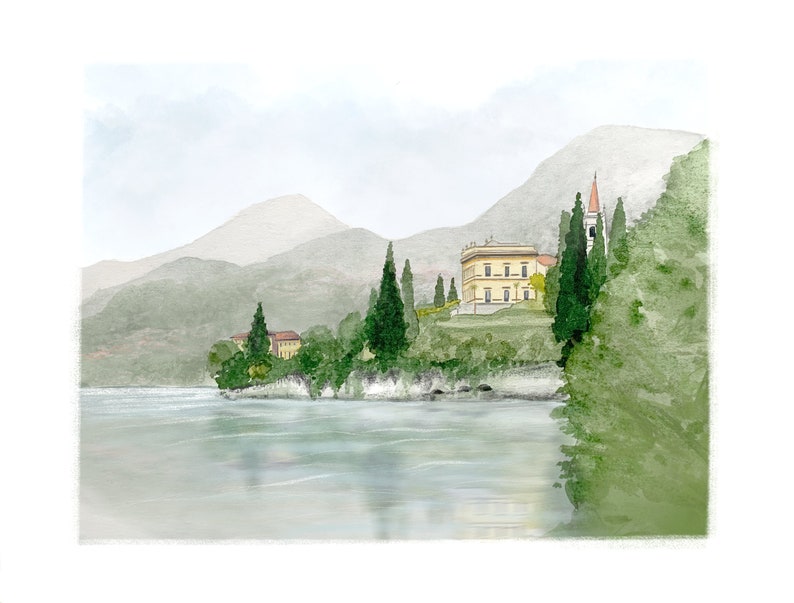 May include: A watercolor painting of a yellow building with a red roof on a hill overlooking a lake. The building is surrounded by green trees and mountains in the background.